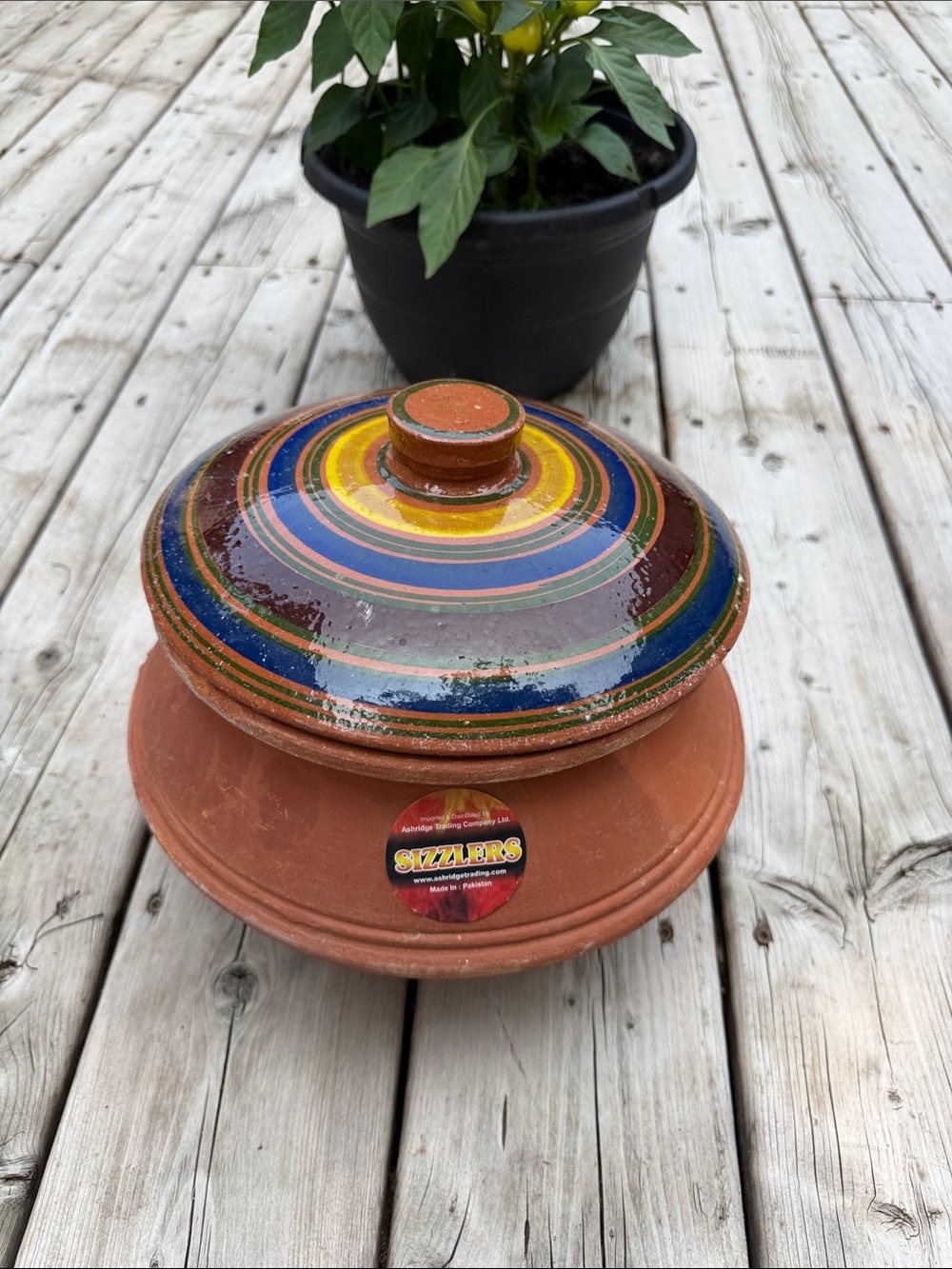 Sizzlers Terracotta Cooking Pot with Colorful Striped Lid
